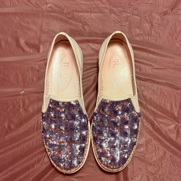 Tod's Cream Leather Silver Sequin Embellished Espadrille Loafers Size 37/7 - Picture 11 of 15